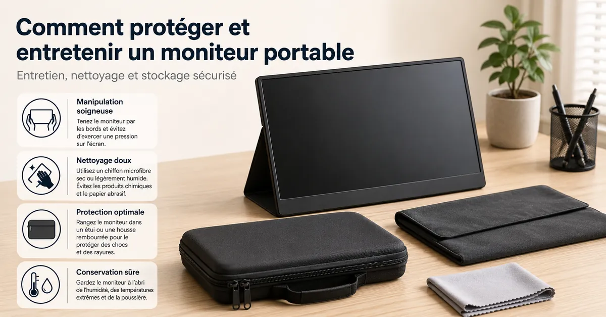 Moniteur portable protégé avec housse et chiffon de nettoyage pour entretien
