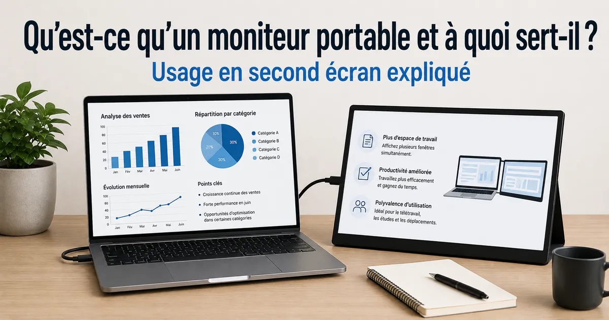 Moniteur portable placé à côté d’un ordinateur portable pour expliquer l’usage en second écran
