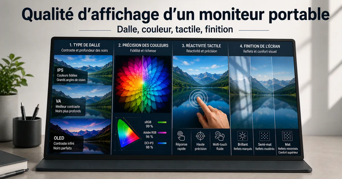 Moniteur portable montrant des différences de couleur et de finition d’écran pour évaluer la qualité d’affichage