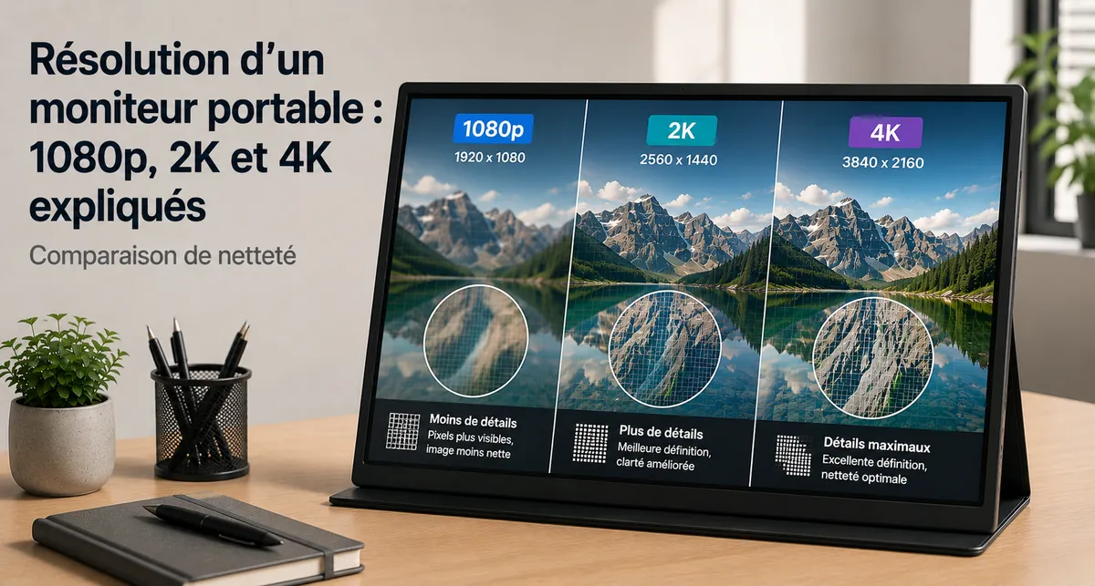 Écran de moniteur portable affichant du texte net et des détails visuels pour comparer la résolution