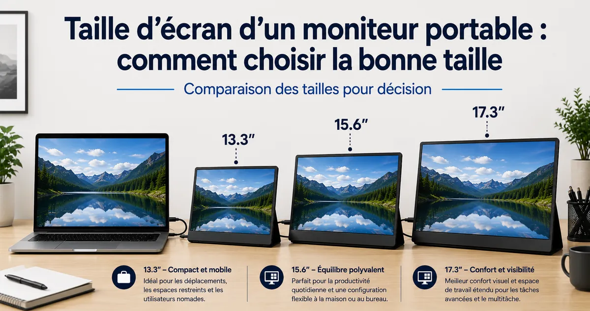 Différentes tailles de moniteurs portables disposées à côté d’un ordinateur portable pour comparer l’échelle