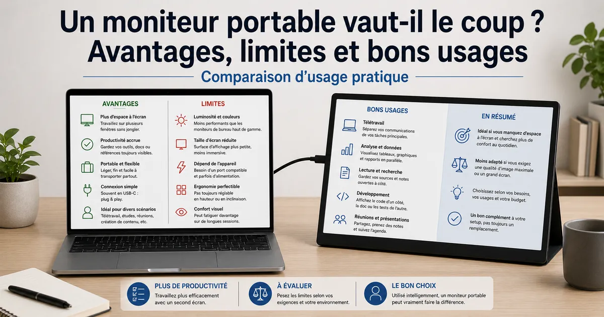 Moniteur portable utilisé à côté d’un ordinateur portable pour comparer les avantages pratiques d’un second écran