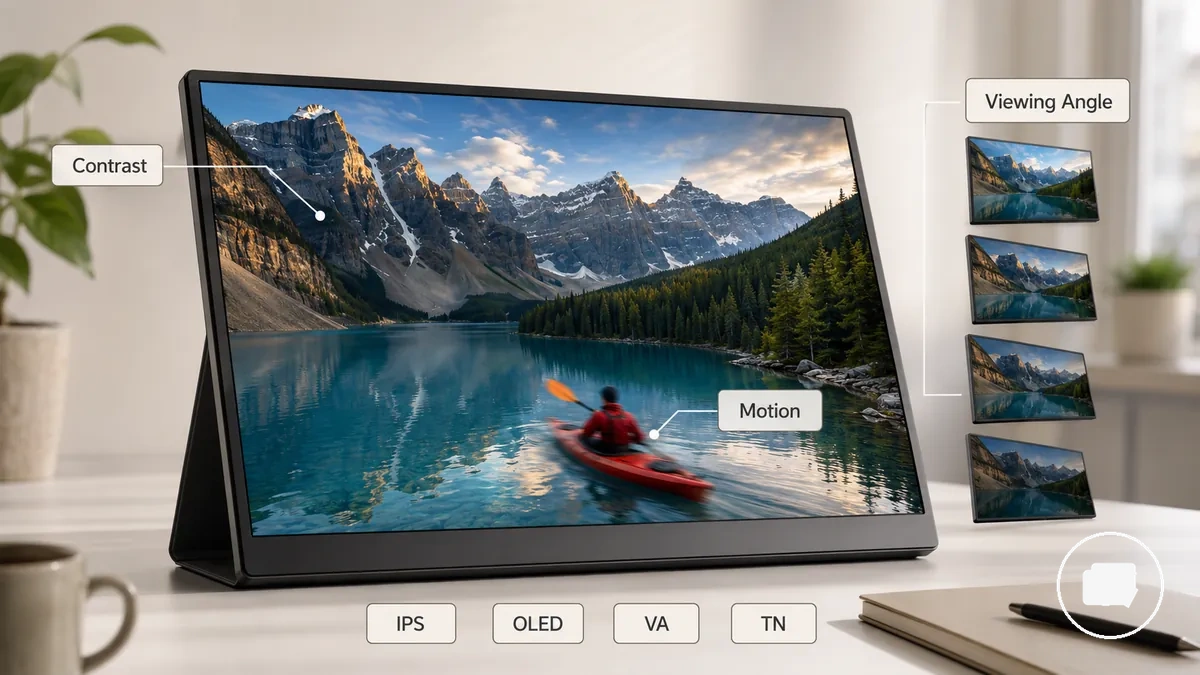 Monitor portátil anotado mostrando contraste, ângulo de visão e comportamento de movimento