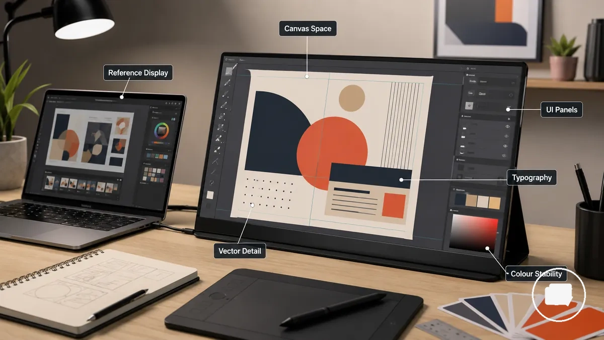 Monitor portátil usado para design gráfico e espaço de trabalho de layout