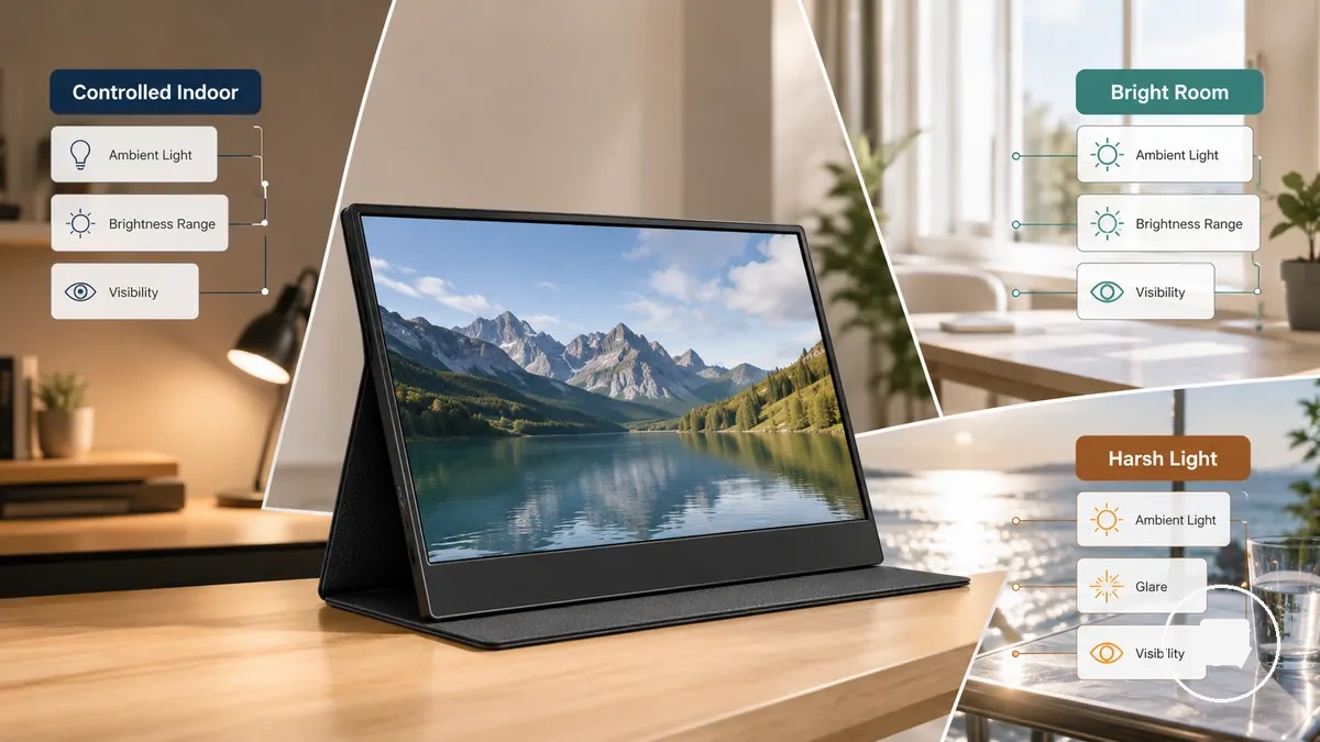 Comparação das faixas de brilho do monitor portátil em diferentes ambientes