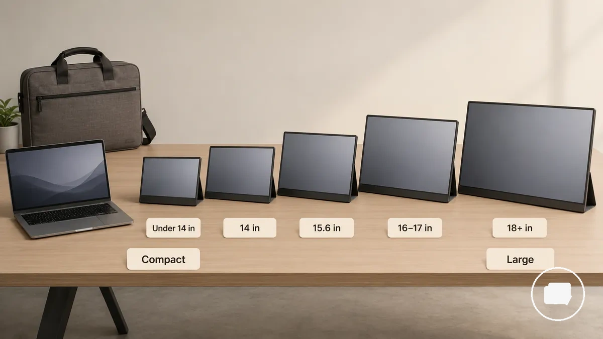 Faixas de tamanho comuns para monitores portáteis, mostrando desde compacto até grande para comparação de escala