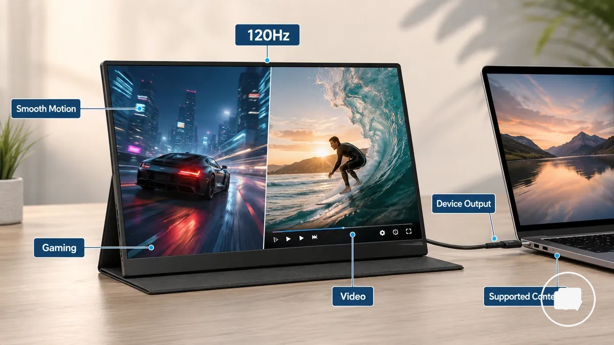 Monitor portátil de 120Hz exibindo movimento mais suave em jogos e vídeos