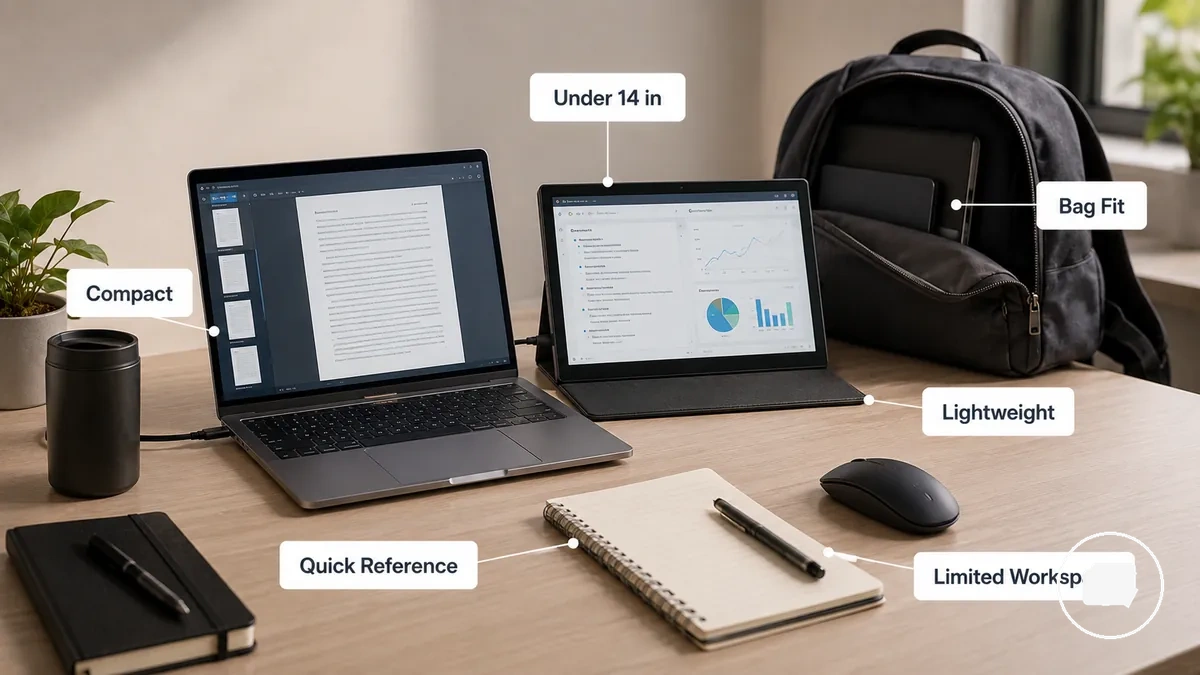 Monitor portátil pequeno com menos de 14 polegadas mostrado com um notebook e uma bolsa de viagem para comparação de escala