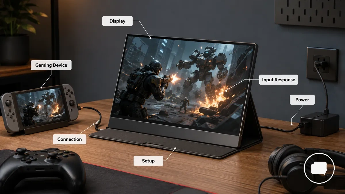 Configuração de jogos com monitor portátil anotada mostrando display, conexão, energia e ajuste do suporte