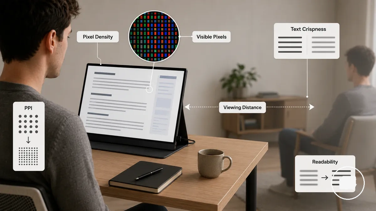 Monitor portátil anotado mostrando tipo de painel, comportamento de cor e diferenças de acabamento de tela