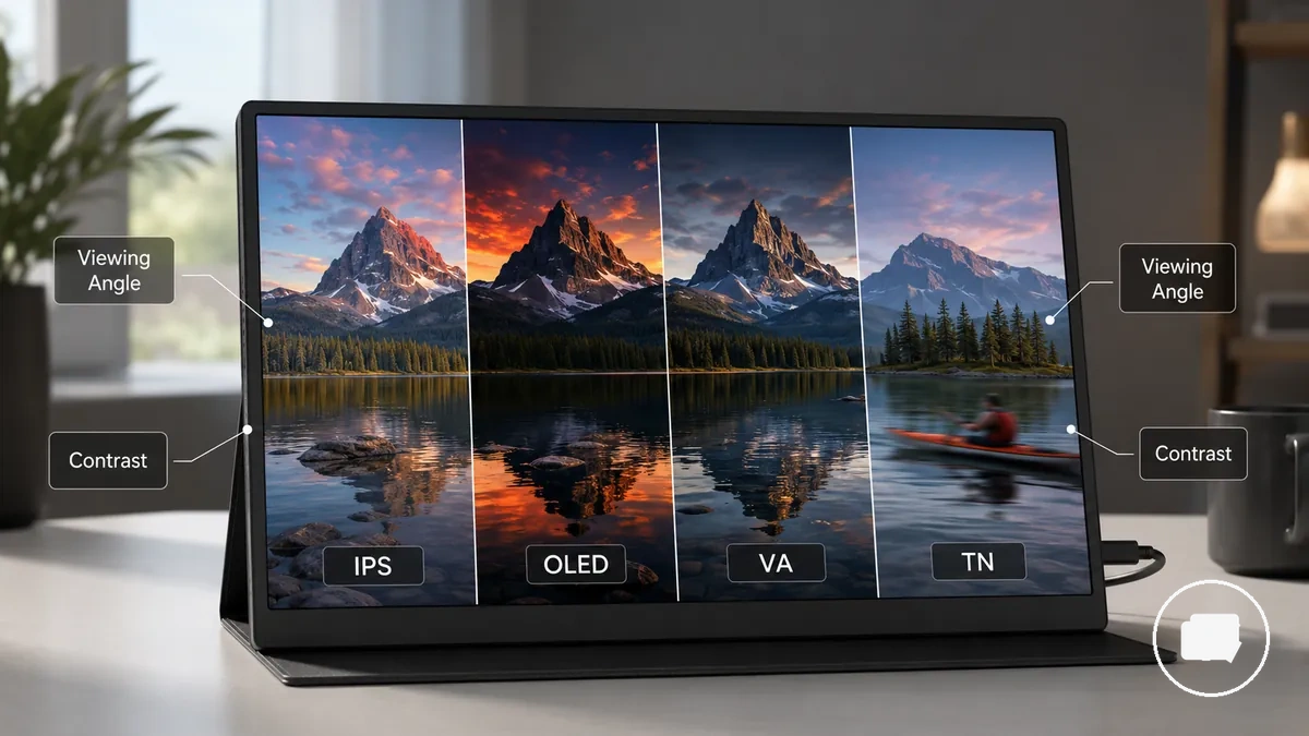 Monitor portátil anotado comparando características dos painéis IPS, OLED, VA e TN