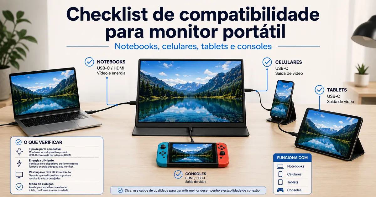 Monitor portátil conectado a notebook, celular, tablet e console para verificar compatibilidade