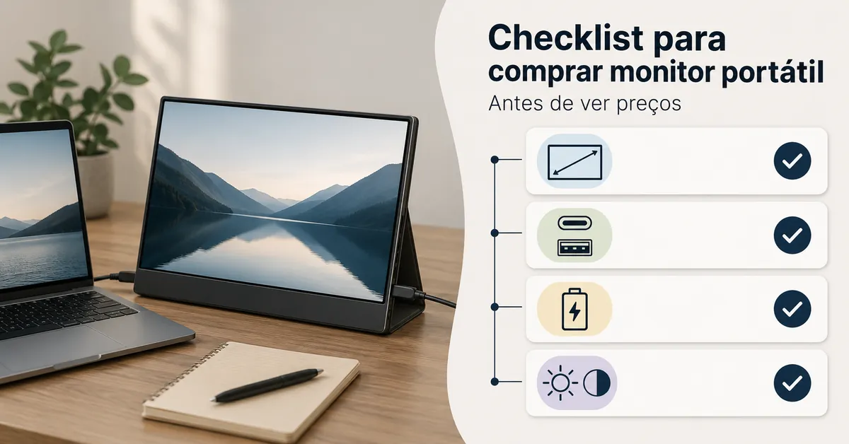 Checklist de compra de monitor portátil com tamanho, portas, alimentação e recursos de tela