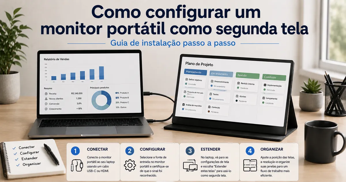 Monitor portátil configurado como segunda tela ao lado de um notebook em uma mesa