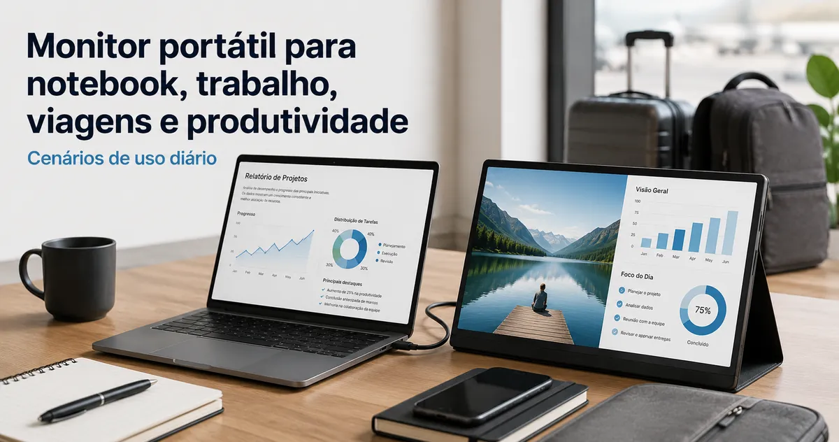 Monitor portátil usado com um notebook para trabalho, viagens e produtividade