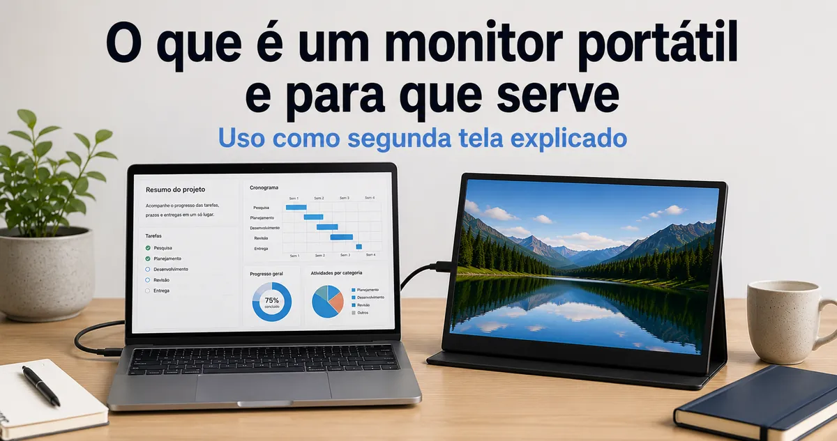 Monitor portátil ao lado de um notebook para explicar o uso como segunda tela