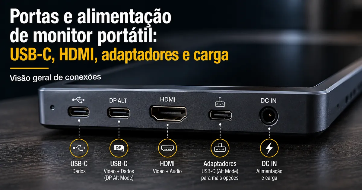 Detalhe das portas de um monitor portátil com conexões USB-C, HDMI, adaptador e alimentação