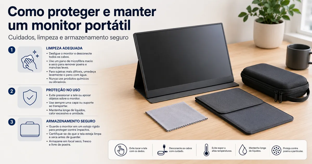 Monitor portátil protegido com capa, cobertura e pano de limpeza para manutenção