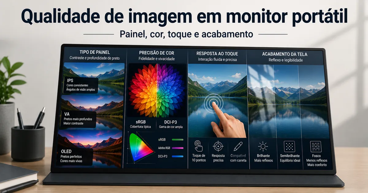 Monitor portátil exibindo diferenças de cor e acabamento de tela para avaliar qualidade de imagem