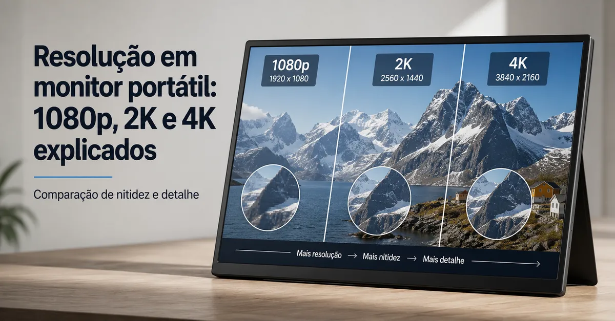 Tela de monitor portátil com texto nítido e detalhes visuais para comparar resolução
