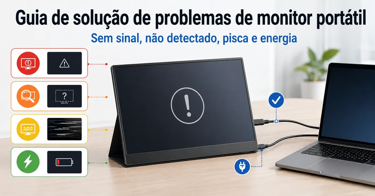 Monitor portátil em verificação com cabos, alimentação e checagem de sinal