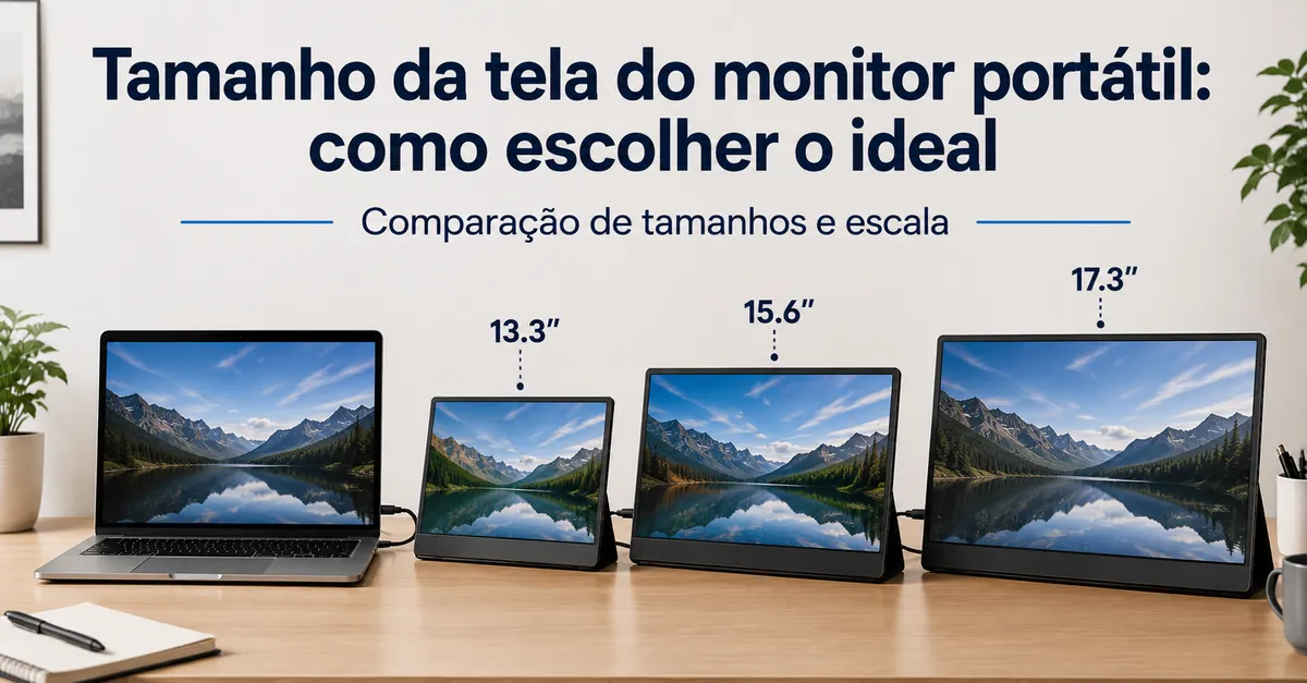 Monitores portáteis de tamanhos diferentes ao lado de um notebook para comparar escala