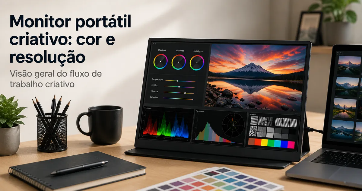 Monitor portátil usado para trabalho criativo com conteúdo focado em cor e resolução na tela