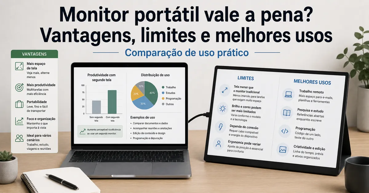 Monitor portátil usado ao lado de um notebook para comparar benefícios práticos de segunda tela