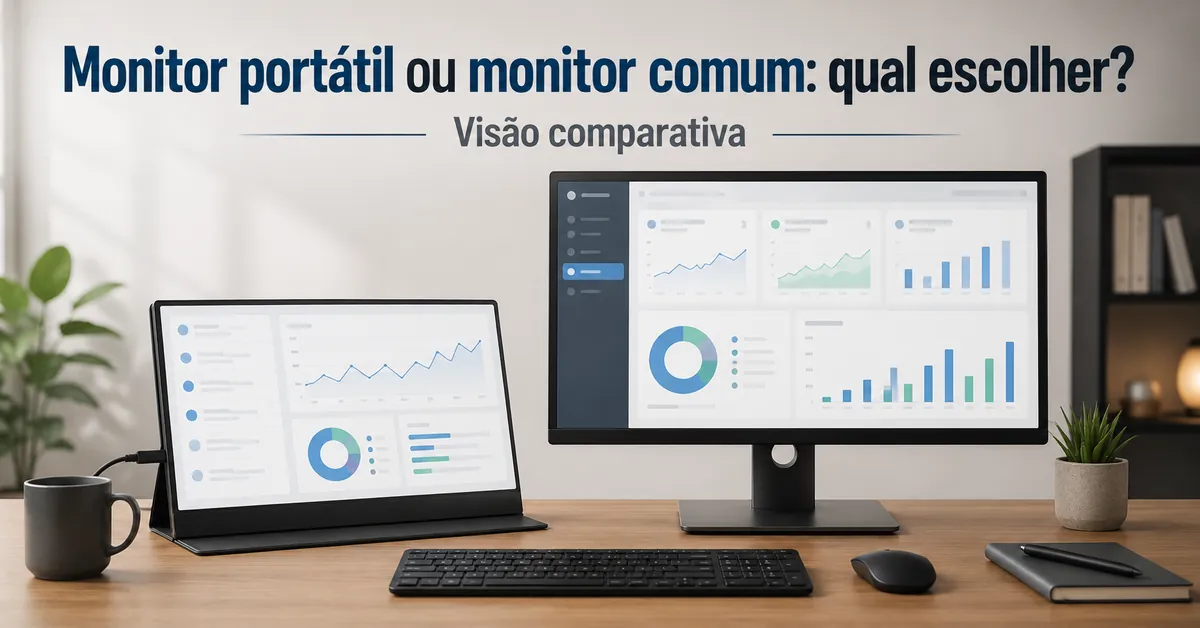 Monitor portátil ao lado de um monitor de mesa comum para comparação