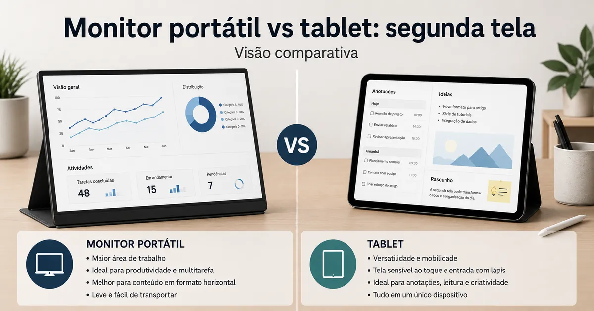 Monitor portátil e tablet lado a lado como opções de segunda tela
