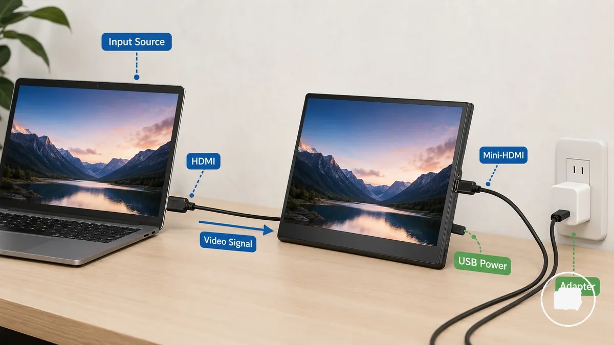 Ayrı güç kablosu ile HDMI taşınabilir monitör kurulumu