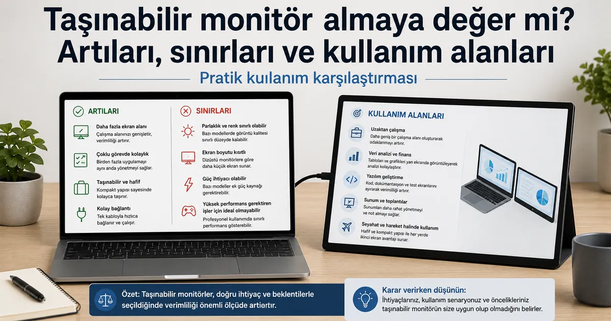 İkinci ekran faydalarını karşılaştırmak için dizüstü bilgisayar yanında kullanılan taşınabilir monitör
