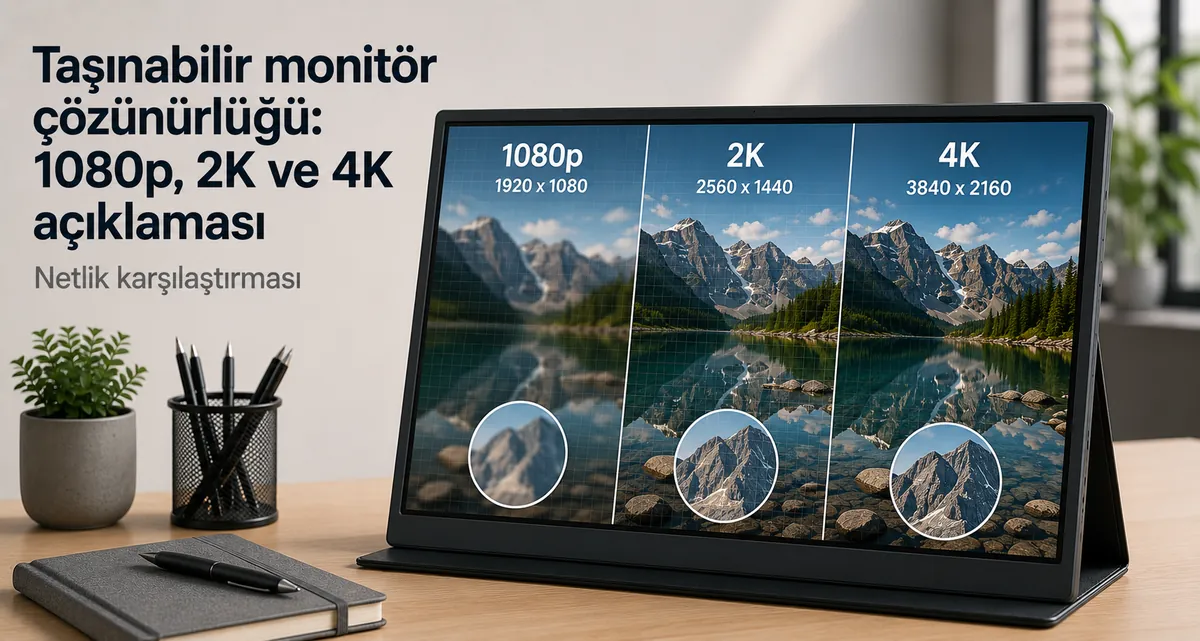 Çözünürlük karşılaştırması için net metin ve görüntü ayrıntısı gösteren taşınabilir monitör ekranı