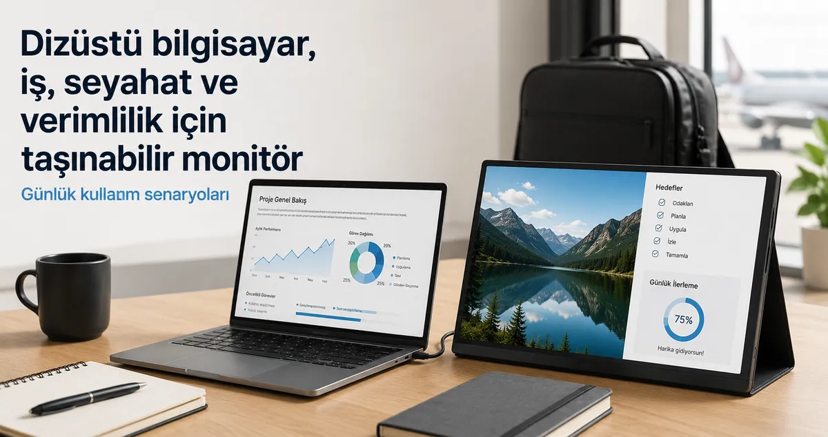 İş, seyahat ve verimlilik için dizüstü bilgisayarla kullanılan taşınabilir monitör