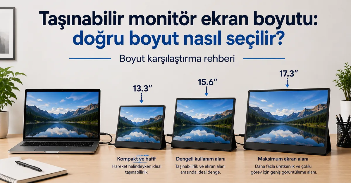 Ölçek karşılaştırması için dizüstü bilgisayar yanında dizilmiş farklı boyutlarda taşınabilir monitörler