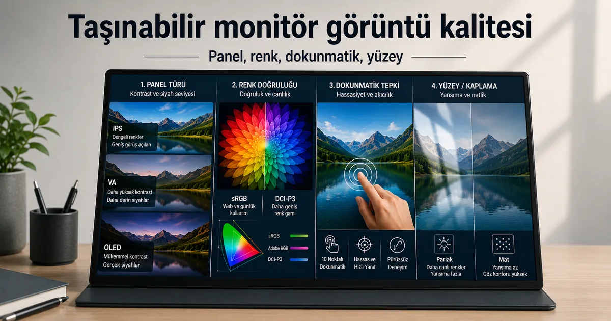Görüntü kalitesini değerlendirmek için renk ve ekran yüzeyi farkları gösteren taşınabilir monitör