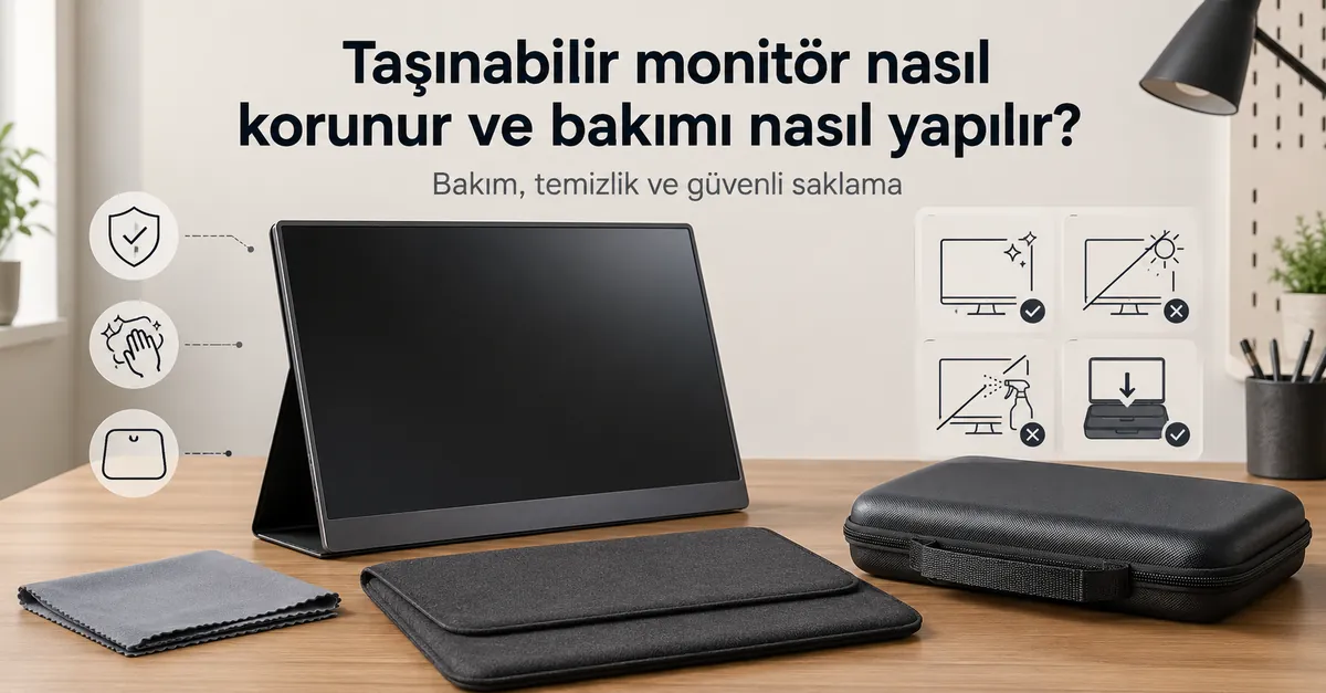Kılıf, kapak ve temizlik beziyle bakım için korunan taşınabilir monitör