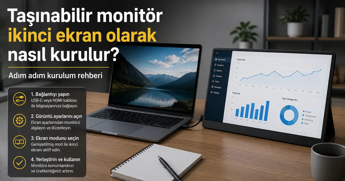 Masa üzerinde dizüstü bilgisayar yanında ikinci ekran olarak kurulan taşınabilir monitör