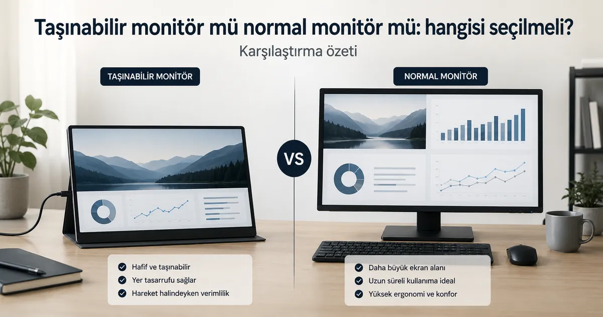 Karşılaştırma için masaüstü monitör yanında duran taşınabilir monitör