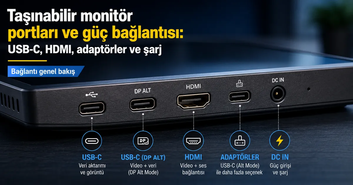 USB-C, HDMI, adaptör ve güç bağlantılarını gösteren taşınabilir monitör portlarının yakın planı