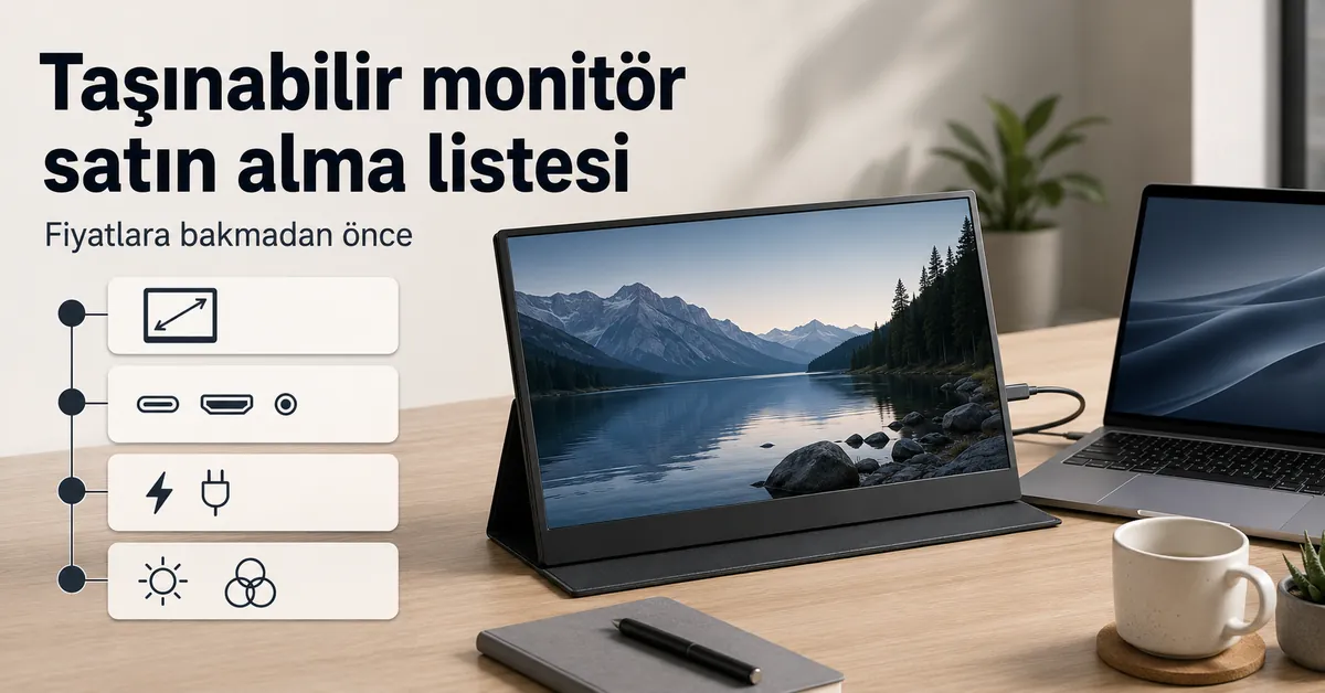 Boyut, portlar, güç bağlantısı ve ekran özelliklerini içeren taşınabilir monitör satın alma listesi