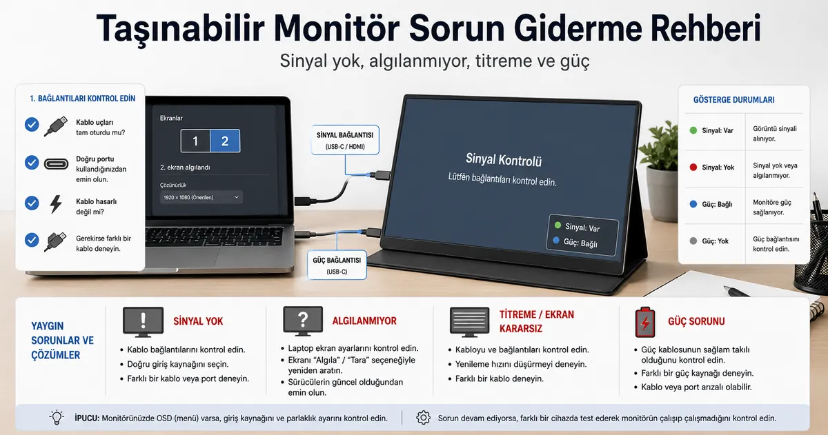 Kablolar, güç bağlantısı ve sinyal kontrolleriyle taşınabilir monitör sorun giderme kurulumu