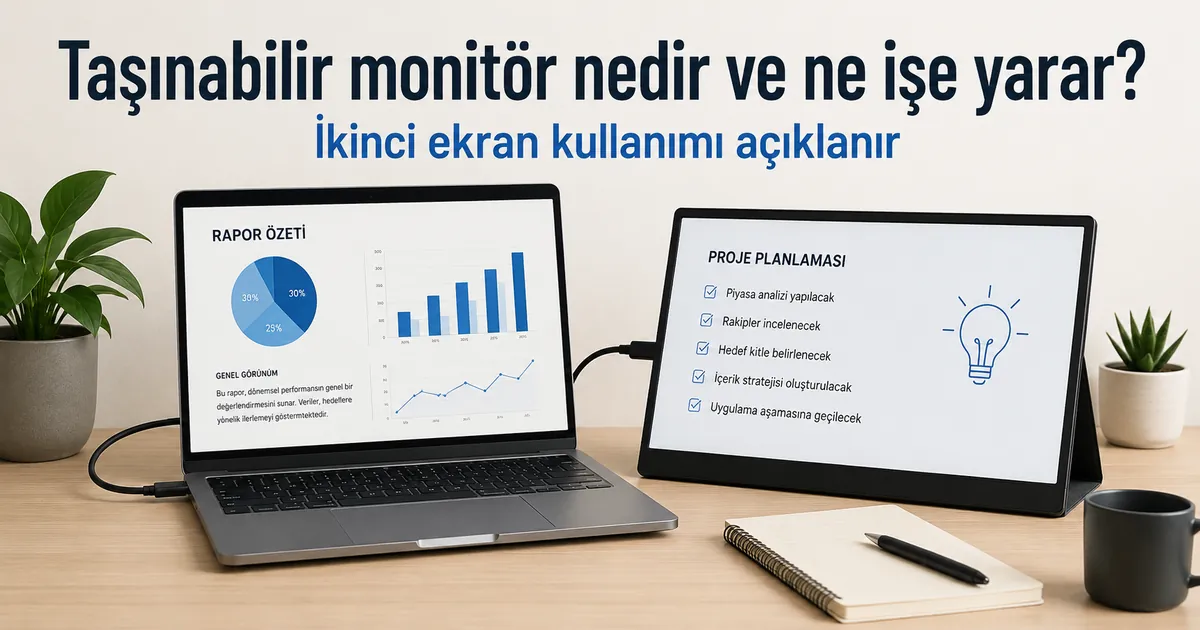 İkinci ekran kullanımını açıklamak için dizüstü bilgisayar yanında gösterilen taşınabilir monitör