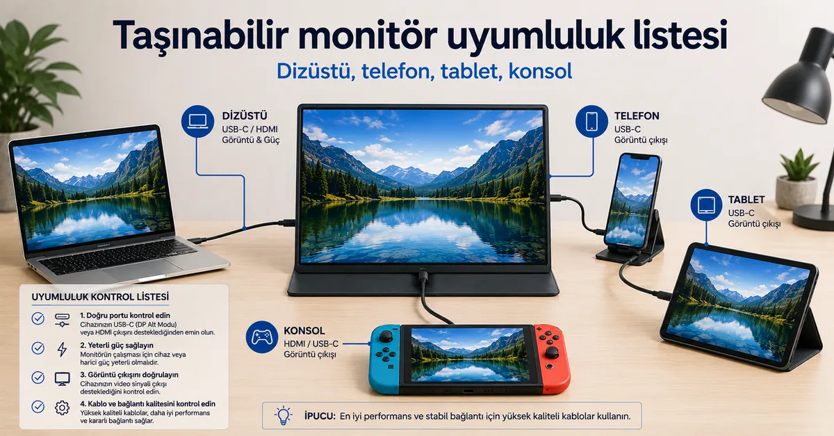 Uyumluluk kontrolü için dizüstü bilgisayar, telefon, tablet ve konsola bağlanan taşınabilir monitör