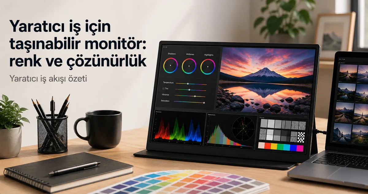 Ekranda renk ve çözünürlük odaklı içerikle yaratıcı işler için kullanılan taşınabilir monitör